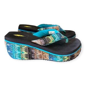 Volatile women's woven wedge flip flop sandals Multicolor Black Turquoise sz 8